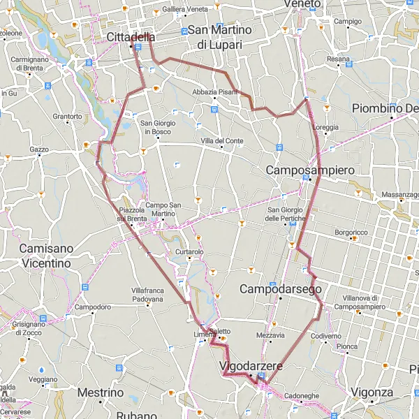 Miniatura della mappa di ispirazione al ciclismo "Il Fascino della Campagna Duretta" nella regione di Veneto, Italy. Generata da Tarmacs.app, pianificatore di rotte ciclistiche