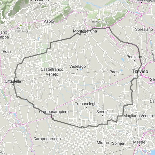 Karten-Miniaturansicht der Radinspiration "Roadbike-Tour durch die Region um Cittadella" in Veneto, Italy. Erstellt vom Tarmacs.app-Routenplaner für Radtouren