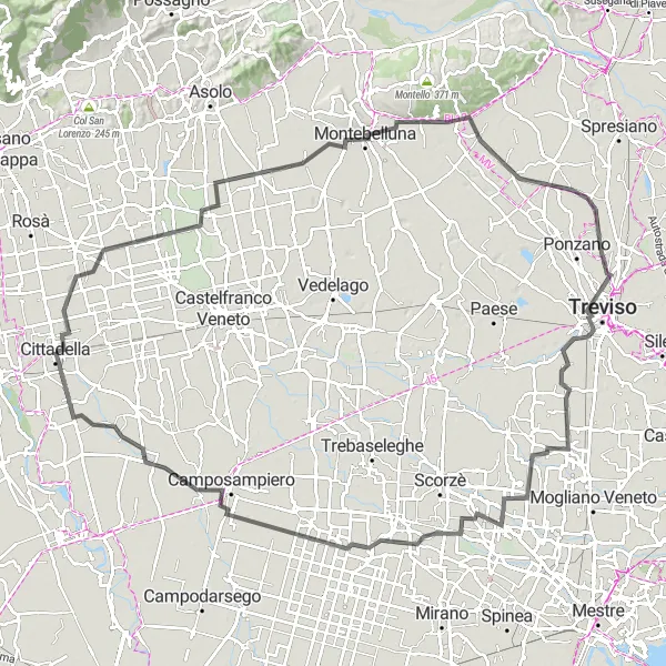 Karttaminiaatyyri "Reitti Cittadellasta Trevisoon ja takaisin" pyöräilyinspiraatiosta alueella Veneto, Italy. Luotu Tarmacs.app pyöräilyreittisuunnittelijalla