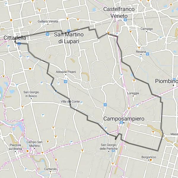 Mapa miniatúra "Road okruh cez Galliera Veneta a Villa del Conte" cyklistická inšpirácia v Veneto, Italy. Vygenerované cyklistickým plánovačom trás Tarmacs.app