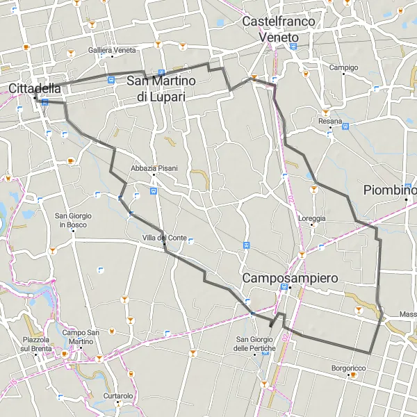 Miniatura della mappa di ispirazione al ciclismo "Giro in bicicletta da Cittadella a Galliera Veneta e oltre" nella regione di Veneto, Italy. Generata da Tarmacs.app, pianificatore di rotte ciclistiche