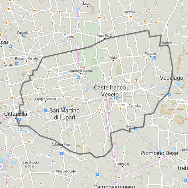 Mapa miniatúra "Cycling around Cittadella" cyklistická inšpirácia v Veneto, Italy. Vygenerované cyklistickým plánovačom trás Tarmacs.app