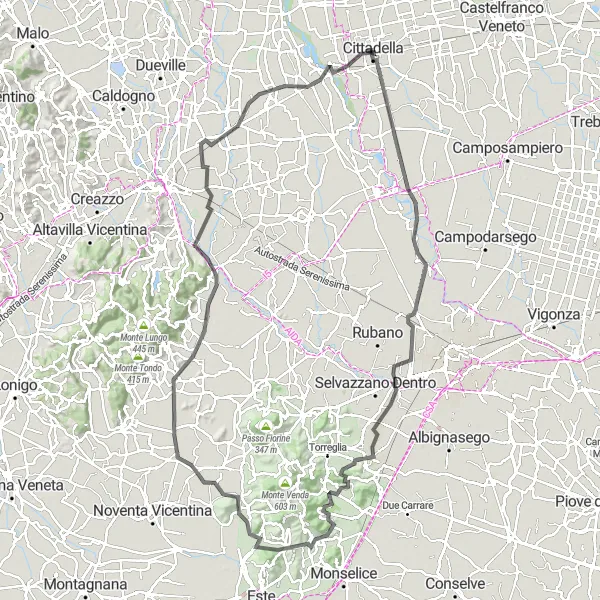 Mapa miniatúra "Cyklotrasa cez údolí a kopce v okolí Cittadelly" cyklistická inšpirácia v Veneto, Italy. Vygenerované cyklistickým plánovačom trás Tarmacs.app