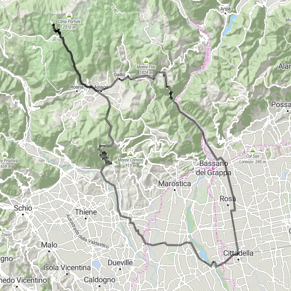 Miniatura della mappa di ispirazione al ciclismo "Road adventure through Monte Rasta" nella regione di Veneto, Italy. Generata da Tarmacs.app, pianificatore di rotte ciclistiche
