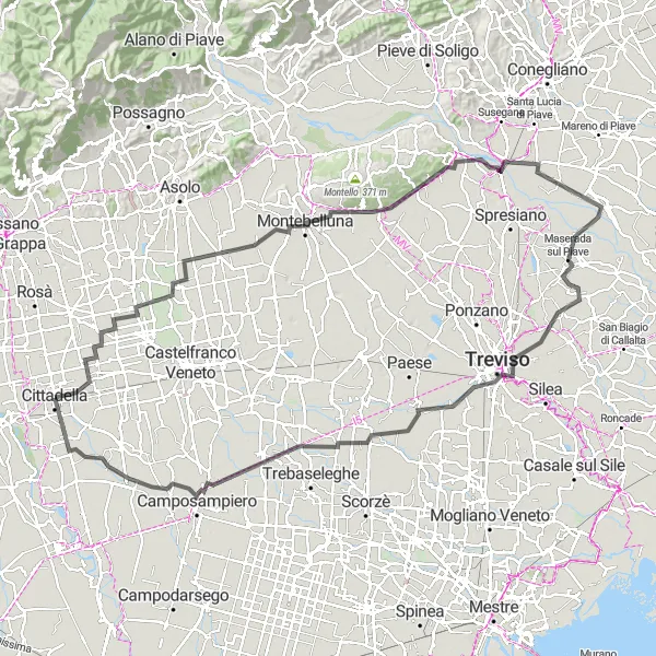 Karttaminiaatyyri "Cittadella - Treviso - Cimadolmo Cycling Route" pyöräilyinspiraatiosta alueella Veneto, Italy. Luotu Tarmacs.app pyöräilyreittisuunnittelijalla