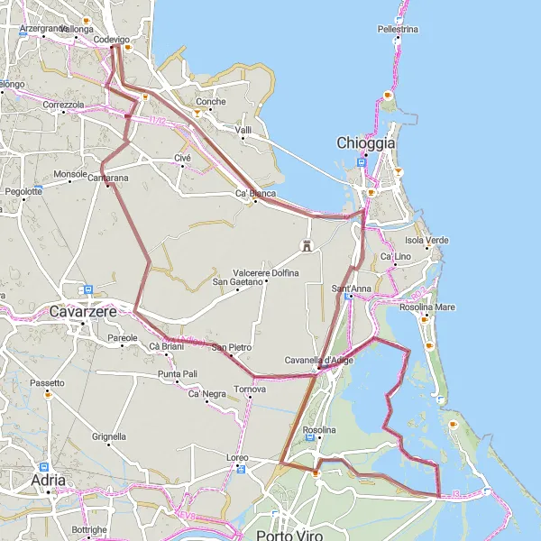 Zemljevid v pomanjšavi "Gravel route through Veneto countryside" kolesarske inspiracije v Veneto, Italy. Generirano z načrtovalcem kolesarskih poti Tarmacs.app