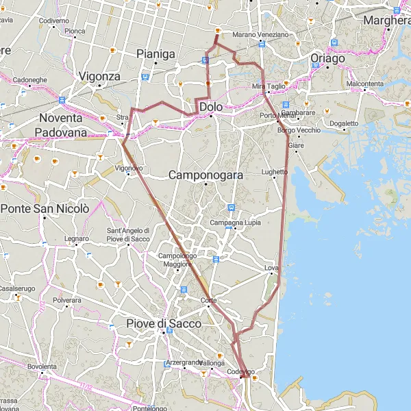 Zemljevid v pomanjšavi "Gravel kolesarska pot skozi Villa Pisani in Vetrego" kolesarske inspiracije v Veneto, Italy. Generirano z načrtovalcem kolesarskih poti Tarmacs.app