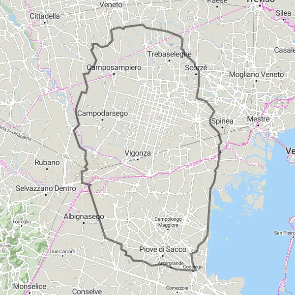 Miniatua del mapa de inspiración ciclista "Ruta de 126 km en bicicleta de ruta explorando los alrededores de Codevigo" en Veneto, Italy. Generado por Tarmacs.app planificador de rutas ciclistas