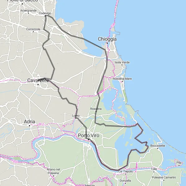 Miniatuurkaart van de fietsinspiratie "Rondrit door het Po-delta gebied" in Veneto, Italy. Gemaakt door de Tarmacs.app fietsrouteplanner