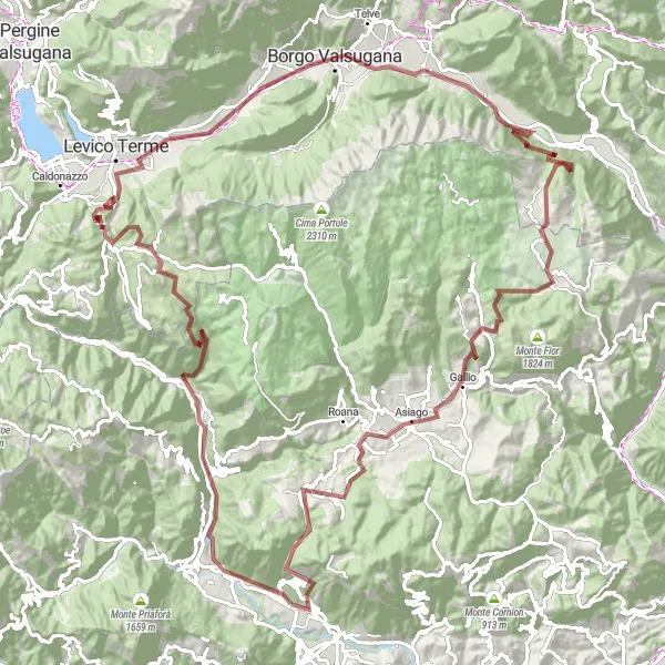 Miniatuurkaart van de fietsinspiratie "Avontuurlijke graveltocht van 131 km" in Veneto, Italy. Gemaakt door de Tarmacs.app fietsrouteplanner