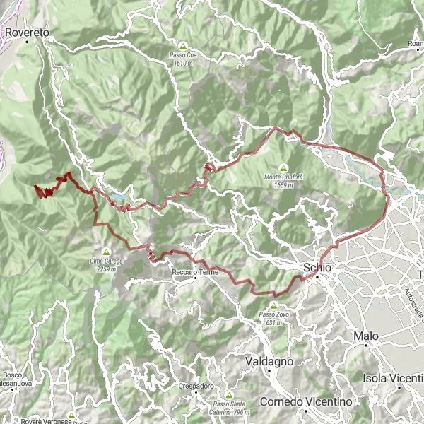 Miniaturní mapa "Gravelový ráj kolem Schia" inspirace pro cyklisty v oblasti Veneto, Italy. Vytvořeno pomocí plánovače tras Tarmacs.app