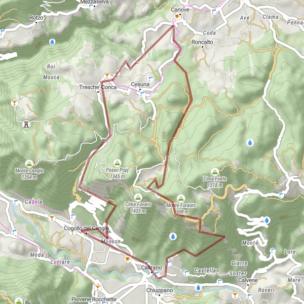Kartminiatyr av "Grusvei sykkeltur fra Cogollo del Cengio" sykkelinspirasjon i Veneto, Italy. Generert av Tarmacs.app sykkelrutoplanlegger
