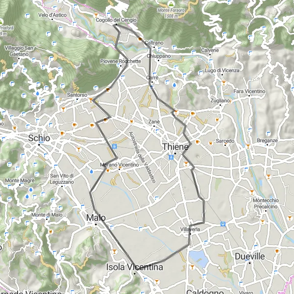 Map miniature of "Vicentina Adventure" cycling inspiration in Veneto, Italy. Generated by Tarmacs.app cycling route planner