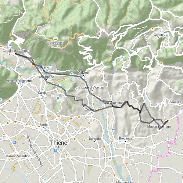 Kartminiatyr av "Klassisk landeveistur nær Cogollo del Cengio" sykkelinspirasjon i Veneto, Italy. Generert av Tarmacs.app sykkelrutoplanlegger