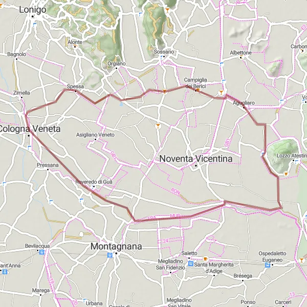 Karten-Miniaturansicht der Radinspiration "Leichte Schottertour durch die Berici-Hügel" in Veneto, Italy. Erstellt vom Tarmacs.app-Routenplaner für Radtouren
