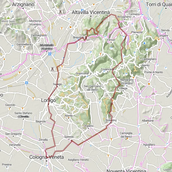 Miniature de la carte de l'inspiration cycliste "Les Collines de Lonigo" dans la Veneto, Italy. Générée par le planificateur d'itinéraire cycliste Tarmacs.app