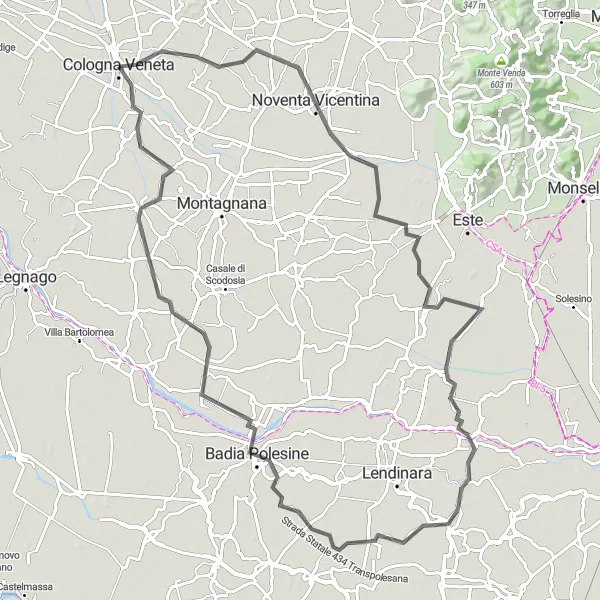 Miniature de la carte de l'inspiration cycliste "La route des villas vénitiennes" dans la Veneto, Italy. Générée par le planificateur d'itinéraire cycliste Tarmacs.app