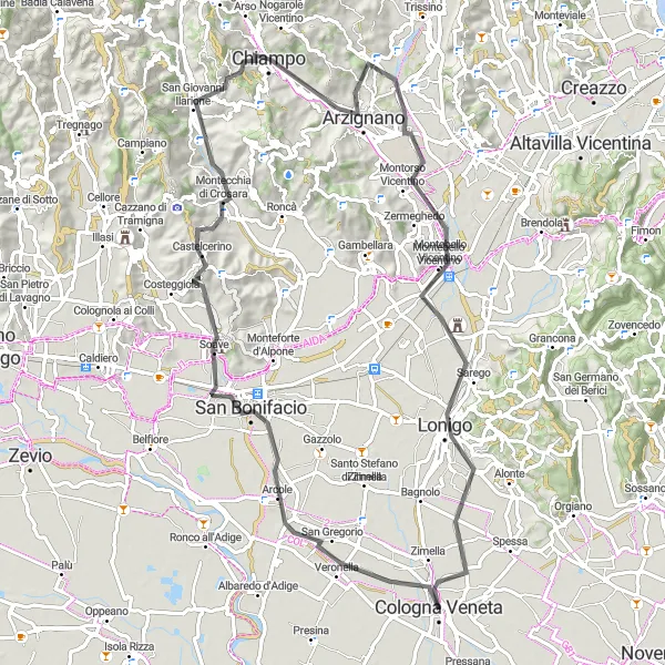 Miniature de la carte de l'inspiration cycliste "Exploration des châteaux et des vignobles" dans la Veneto, Italy. Générée par le planificateur d'itinéraire cycliste Tarmacs.app