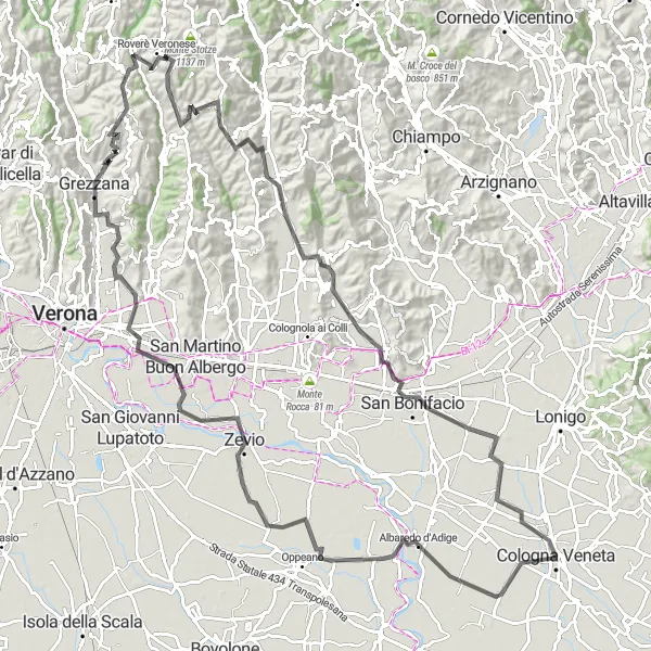 Miniature de la carte de l'inspiration cycliste "Montées et Vignobles" dans la Veneto, Italy. Générée par le planificateur d'itinéraire cycliste Tarmacs.app