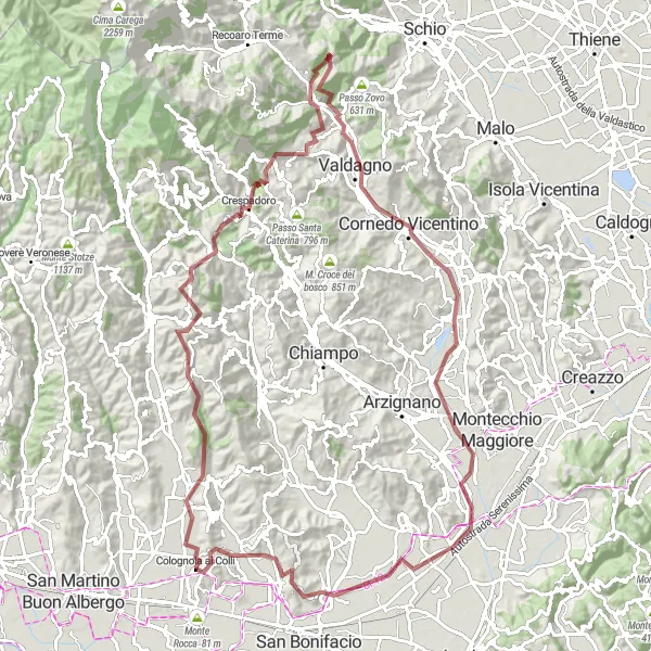Miniatura della mappa di ispirazione al ciclismo "Ciclo Gravel tra i Colli Veneti" nella regione di Veneto, Italy. Generata da Tarmacs.app, pianificatore di rotte ciclistiche
