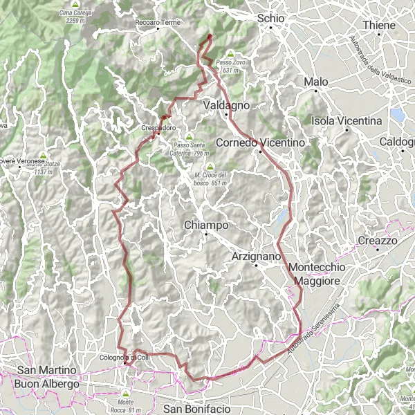 Miniaturní mapa "Horská cyklistika okolo Colognola ai Colli" inspirace pro cyklisty v oblasti Veneto, Italy. Vytvořeno pomocí plánovače tras Tarmacs.app