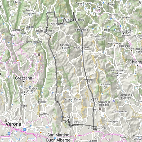 Miniatura della mappa di ispirazione al ciclismo "Tra Monte del Titti e Monte Purga" nella regione di Veneto, Italy. Generata da Tarmacs.app, pianificatore di rotte ciclistiche