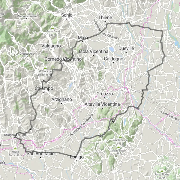 Miniature de la carte de l'inspiration cycliste "Aventure sur route autour de Colognola ai Colli" dans la Veneto, Italy. Générée par le planificateur d'itinéraire cycliste Tarmacs.app