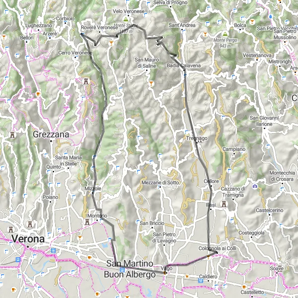 Miniatura della mappa di ispirazione al ciclismo "Sfide tra San Martino Buon Albergo e Tregnago" nella regione di Veneto, Italy. Generata da Tarmacs.app, pianificatore di rotte ciclistiche