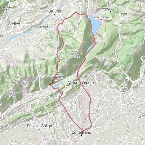 Kartminiatyr av "Conegliano till Conegliano via Corbanese, Lago och Serravalle" cykelinspiration i Veneto, Italy. Genererad av Tarmacs.app cykelruttplanerare