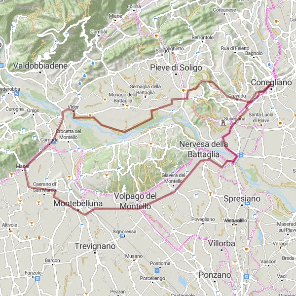 Kartminiatyr av "Grusvei-eventyr rundt Conegliano" sykkelinspirasjon i Veneto, Italy. Generert av Tarmacs.app sykkelrutoplanlegger