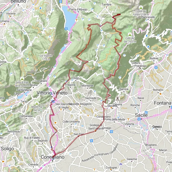 Miniaturní mapa "Gravelová cesta kolem Conegliana" inspirace pro cyklisty v oblasti Veneto, Italy. Vytvořeno pomocí plánovače tras Tarmacs.app