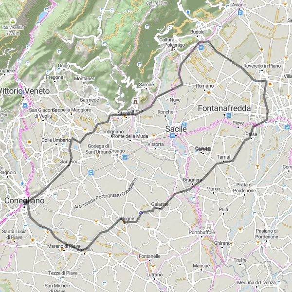 Karten-Miniaturansicht der Radinspiration "Panorama-Radtour durch San Fior und Brugnera" in Veneto, Italy. Erstellt vom Tarmacs.app-Routenplaner für Radtouren