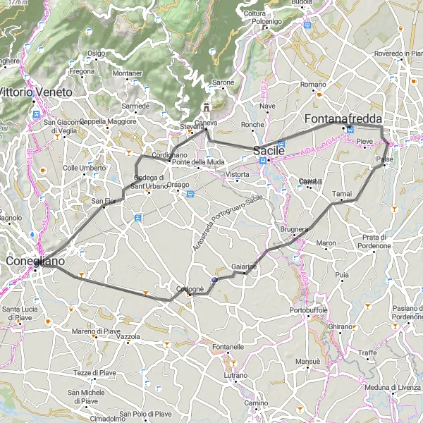 Miniature de la carte de l'inspiration cycliste "Parcours pittoresque dans la campagne" dans la Veneto, Italy. Générée par le planificateur d'itinéraire cycliste Tarmacs.app