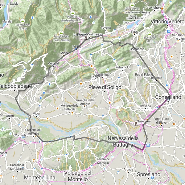 Kartminiatyr av "Belvedere till Conegliano via Susegana och Follina" cykelinspiration i Veneto, Italy. Genererad av Tarmacs.app cykelruttplanerare