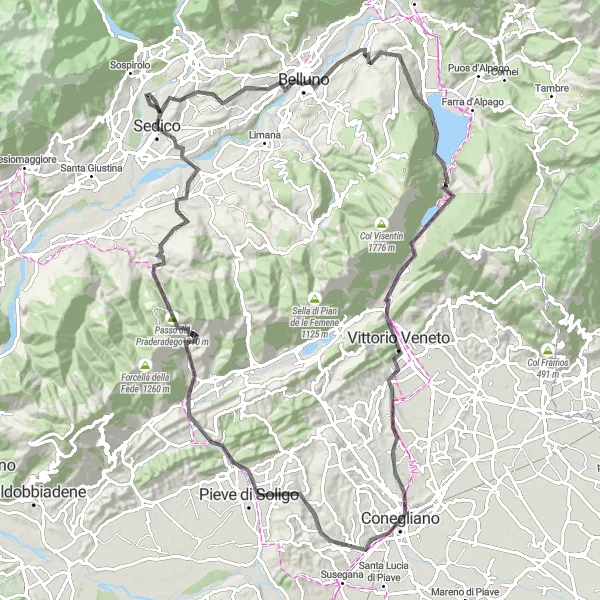 Map miniature of "Pieve di Soligo - Monte Villa - Col de Moi - Sedico - Belluno - Roncan - Sella di Fadalto - Colle San Paolo - Ogliano Road Cycling Route" cycling inspiration in Veneto, Italy. Generated by Tarmacs.app cycling route planner