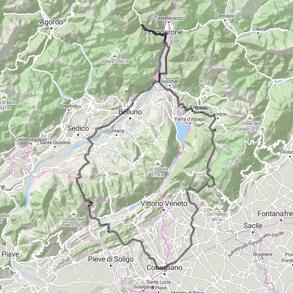 Karten-Miniaturansicht der Radinspiration "Weinberge und Bergdörfer" in Veneto, Italy. Erstellt vom Tarmacs.app-Routenplaner für Radtouren