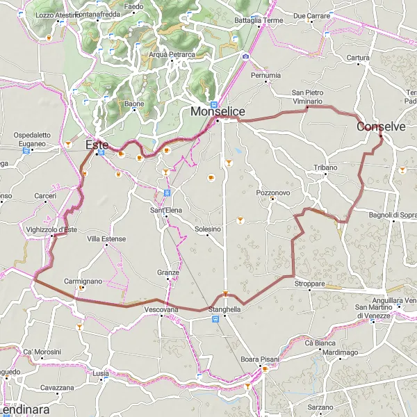 Miniatura della mappa di ispirazione al ciclismo "Giro in bicicletta da Conselve" nella regione di Veneto, Italy. Generata da Tarmacs.app, pianificatore di rotte ciclistiche