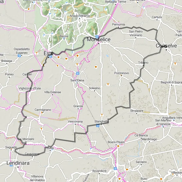 Miniatura della mappa di ispirazione al ciclismo "Giro in Bicicletta Tribano - Conselve" nella regione di Veneto, Italy. Generata da Tarmacs.app, pianificatore di rotte ciclistiche