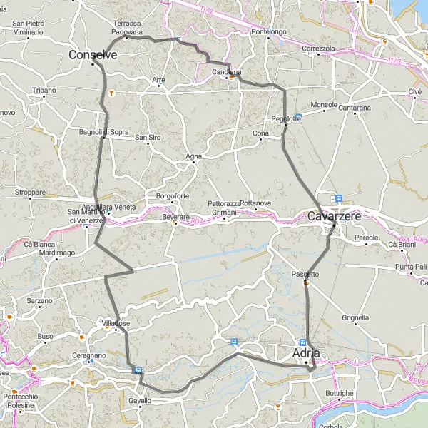 Miniatua del mapa de inspiración ciclista "Por los Pueblos del Delta" en Veneto, Italy. Generado por Tarmacs.app planificador de rutas ciclistas