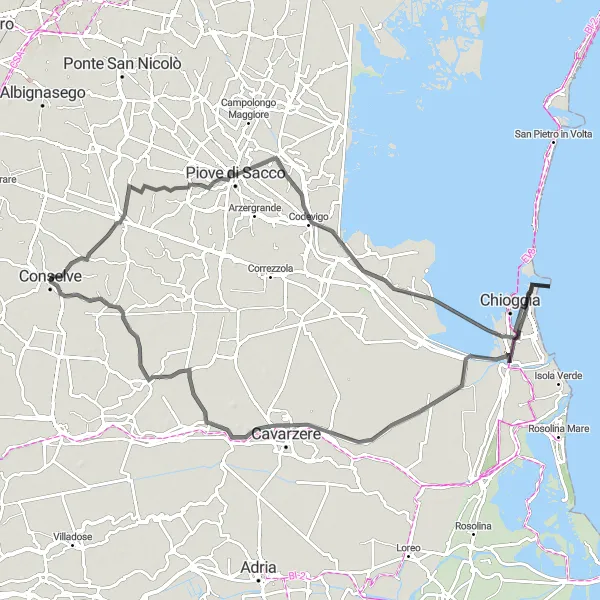 Miniaturní mapa "Okruhová trasa do Conselve" inspirace pro cyklisty v oblasti Veneto, Italy. Vytvořeno pomocí plánovače tras Tarmacs.app