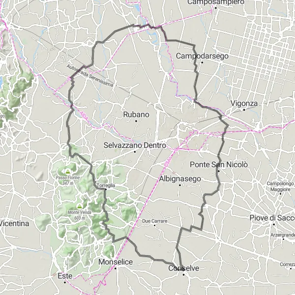 Zemljevid v pomanjšavi "Raziščite čudovite pokrajine okoli Piazzole sul Brenta" kolesarske inspiracije v Veneto, Italy. Generirano z načrtovalcem kolesarskih poti Tarmacs.app