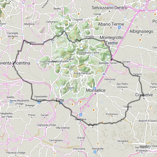 Miniature de la carte de l'inspiration cycliste "Tour des Montagnes Euganéennes" dans la Veneto, Italy. Générée par le planificateur d'itinéraire cycliste Tarmacs.app