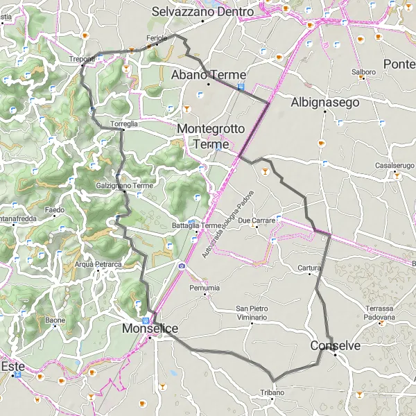 Miniatua del mapa de inspiración ciclista "Aventura en los Colinas Termales" en Veneto, Italy. Generado por Tarmacs.app planificador de rutas ciclistas
