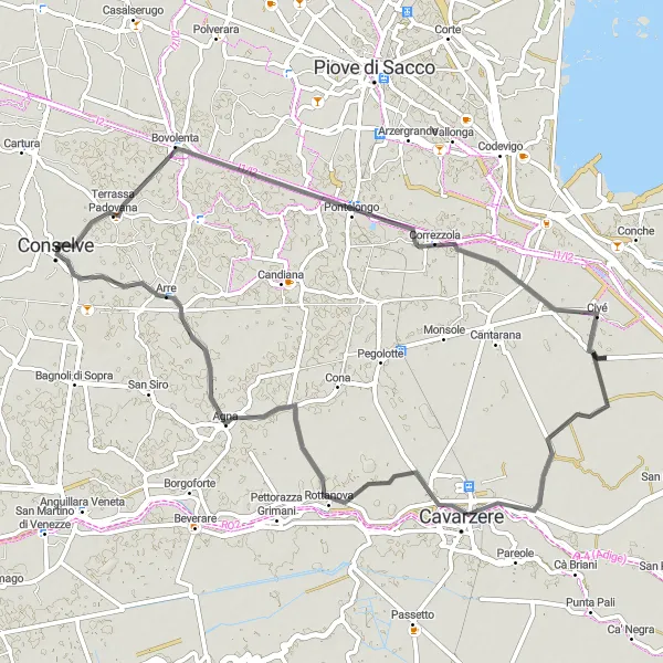 Miniature de la carte de l'inspiration cycliste "Route panoramique vers Cavarzere" dans la Veneto, Italy. Générée par le planificateur d'itinéraire cycliste Tarmacs.app