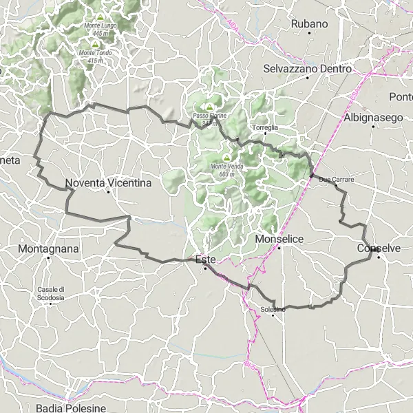Mapa miniatúra "Okruh okolo Euganejských kopcov" cyklistická inšpirácia v Veneto, Italy. Vygenerované cyklistickým plánovačom trás Tarmacs.app