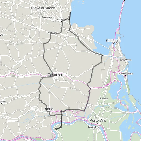 Map miniature of "The Adria Circuit" cycling inspiration in Veneto, Italy. Generated by Tarmacs.app cycling route planner