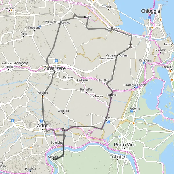 Map miniature of "Coastal Delights" cycling inspiration in Veneto, Italy. Generated by Tarmacs.app cycling route planner