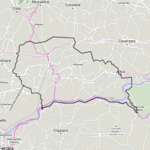 Mapa miniatúra "Jazda na ceste z Corbola" cyklistická inšpirácia v Veneto, Italy. Vygenerované cyklistickým plánovačom trás Tarmacs.app