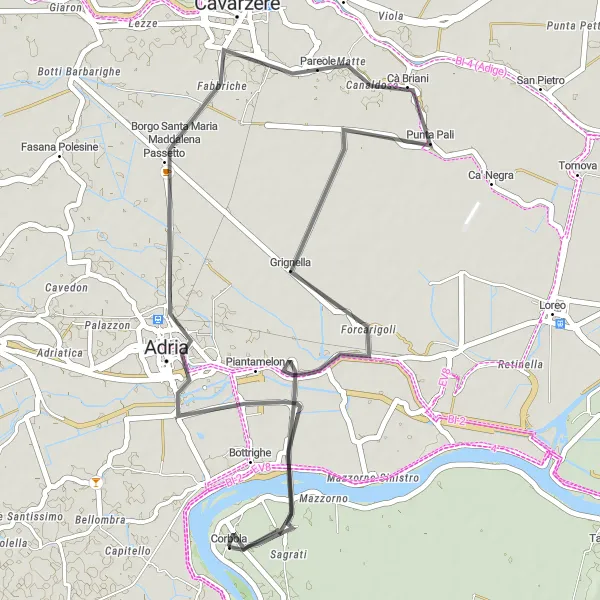 Kartminiatyr av "Rundtur till Adria och Corbola" cykelinspiration i Veneto, Italy. Genererad av Tarmacs.app cykelruttplanerare