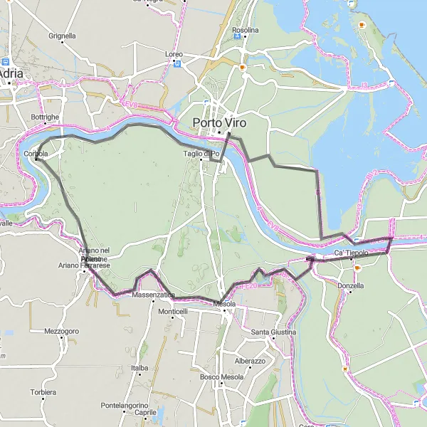 Map miniature of "Mesola Nature Reserve and Taglio di Po" cycling inspiration in Veneto, Italy. Generated by Tarmacs.app cycling route planner